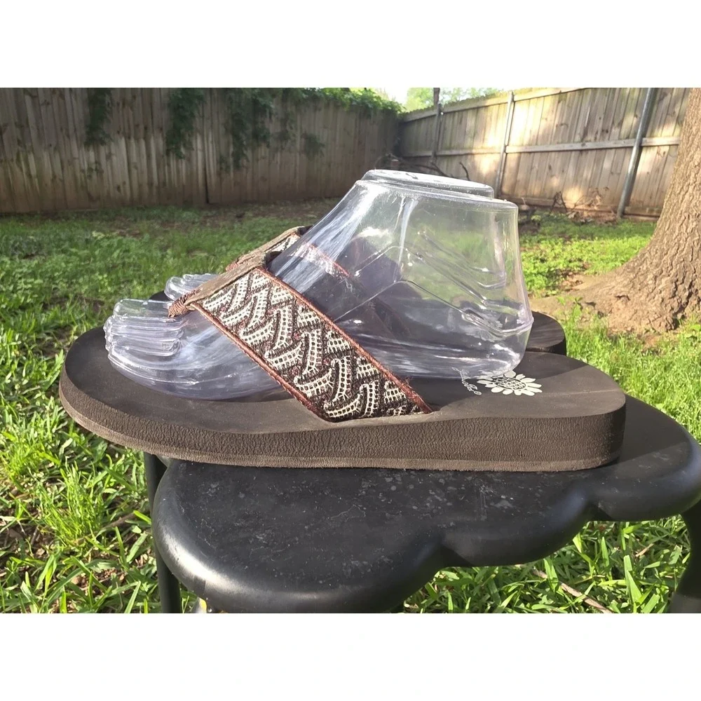 Yellow Box Flip Flops Brown Geometric Sequin Shiny Diagonal Wedge Sandals Pepper - Picture 4 of 9